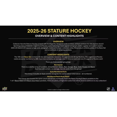 Puck Gal Card Breaks #2463: 25/26 Stature Master Case Pick Your Team!  (16 Boxes)