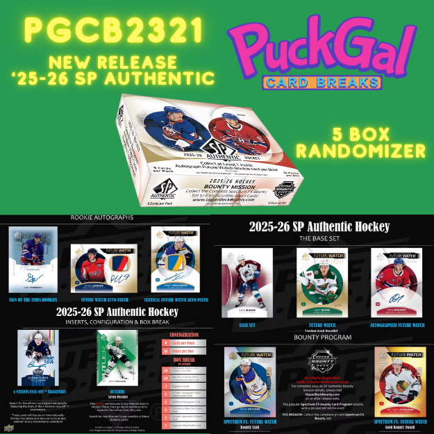Puck Gal Card Breaks #2321: 2025-26 SP Authentic New Release 5-Box Randomizer