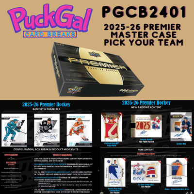 Puck Gal Card Breaks #2401: 2025-26 Premier Master Case Pick Your Team (10 Boxes)!