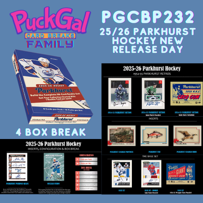 Puck Gal Card Breaks Public #232: New Release 2025-26 Parkhurst Hockey 4-Box Break