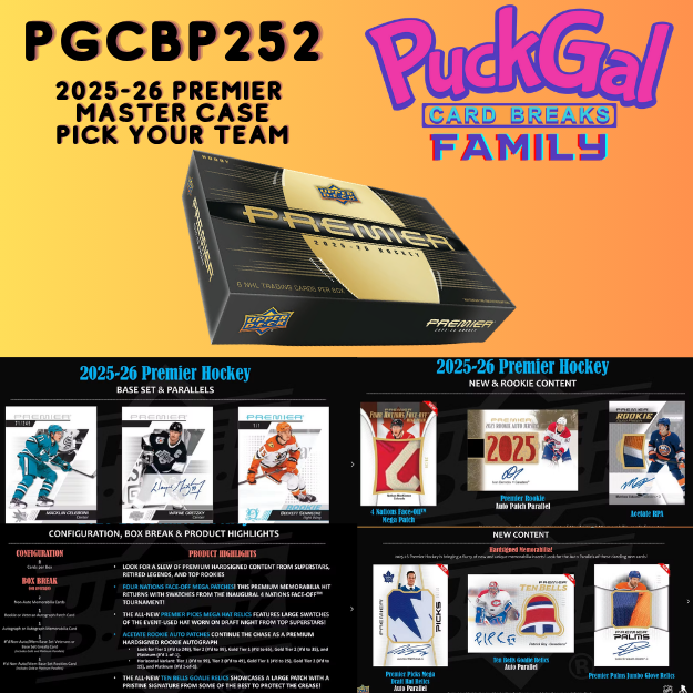 Puck Gal Card Breaks Public #252: 2025-26 Premier Master Case Pick Your Team (10 Boxes)!
