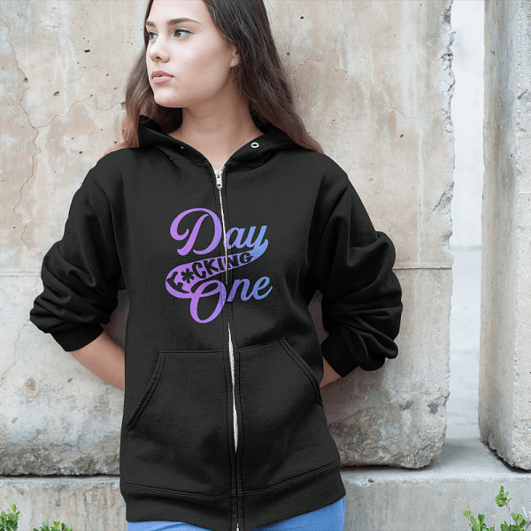 Hoodie "Day F*cking One" Retro Design Gradient Colors Unisex Full Zip Hoodie
