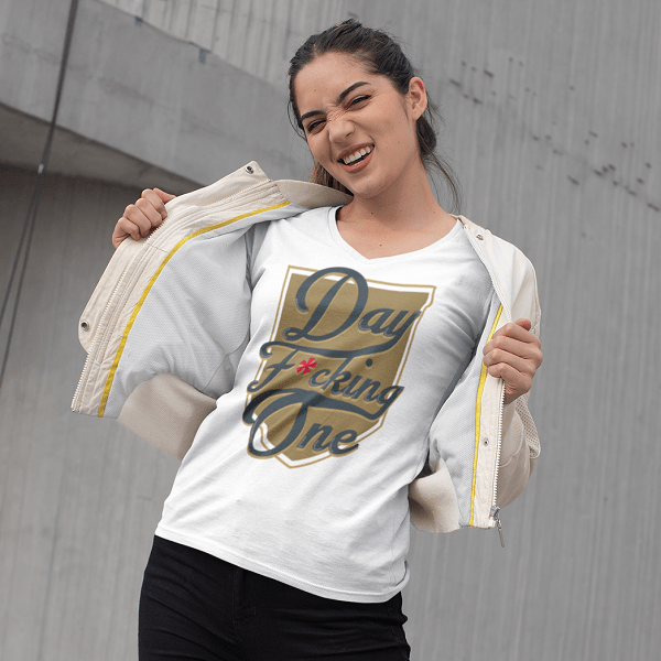 V-neck "Day F*cking One" Vegas Golden Knights Fan Gold Design Unisex V-Neck Tee (Front Design Only)