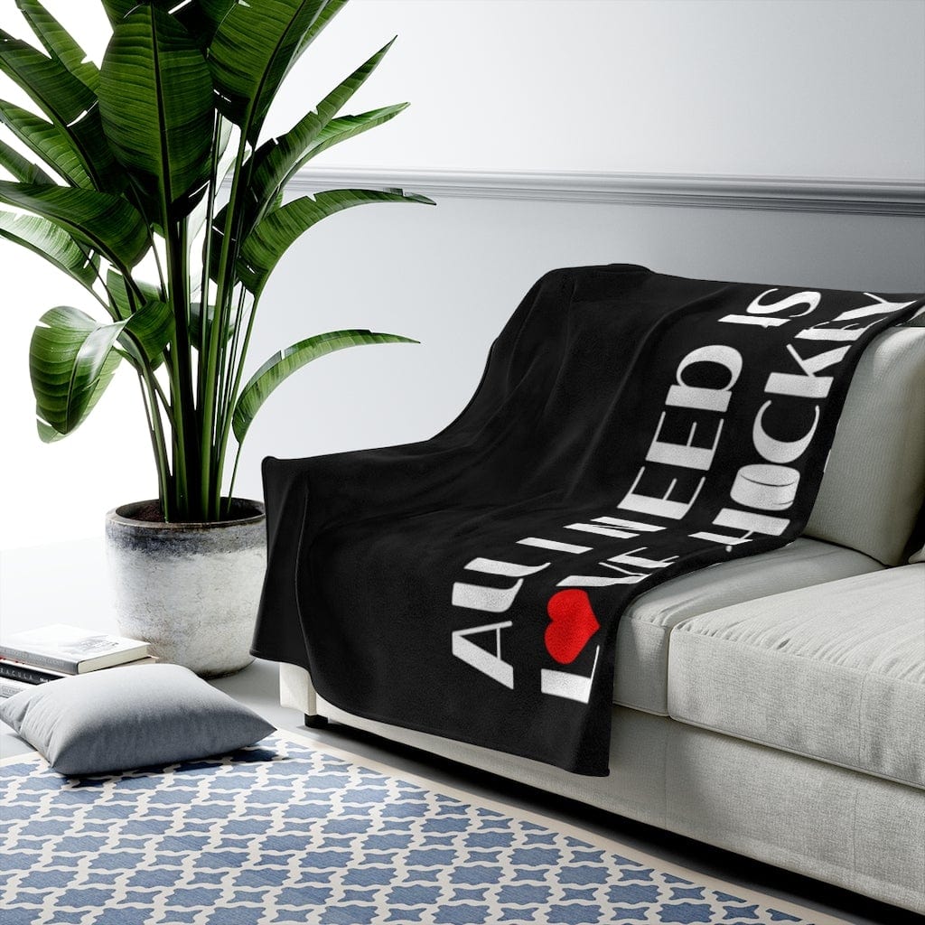 All Over Prints "All I Need Is Love, Hockey and a Dog" Velveteen Plush Blanket