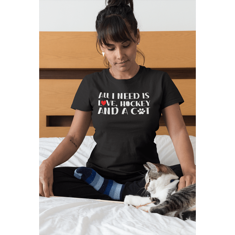 T-Shirt "All I Need Is Love, Hockey And A Cat" Unisex Jersey Tee