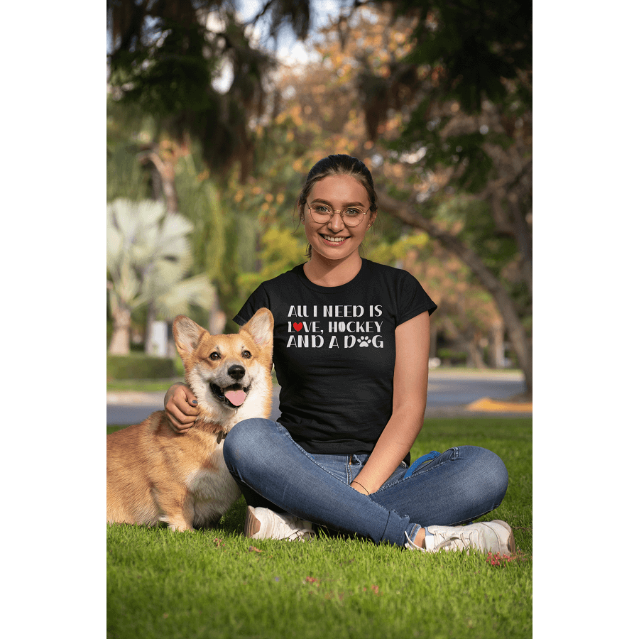 T-Shirt "All I Need Is Love, Hockey And A Dog" Unisex Jersey Tee