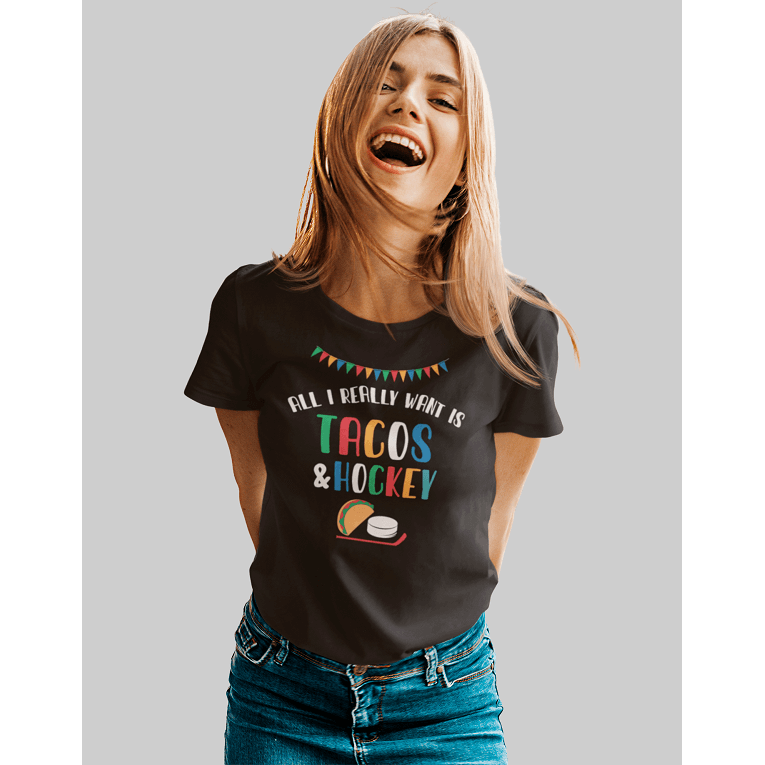 T-Shirt "All I Really Want Is Tacos And Hockey" Unisex Jersey Tee
