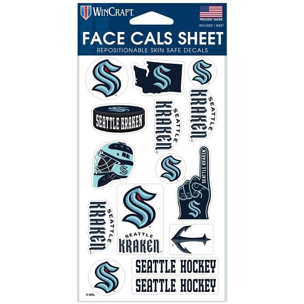 Seattle Kraken Face Cals Temporary Tattoo Sheet, 4x7 Inch